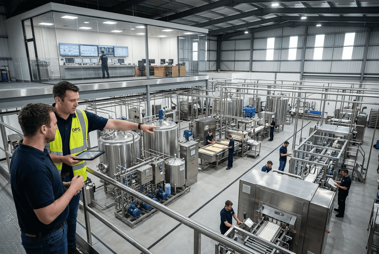 Engineers overlooking a manufacturing facility and process systems