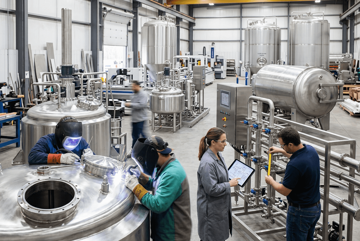 Engineers inspecting stainless steel tanks and process equipment