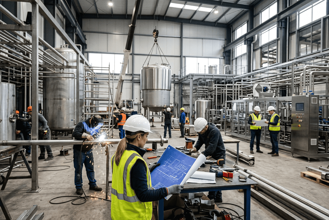 Engineering team reviewing drawings on the production floor